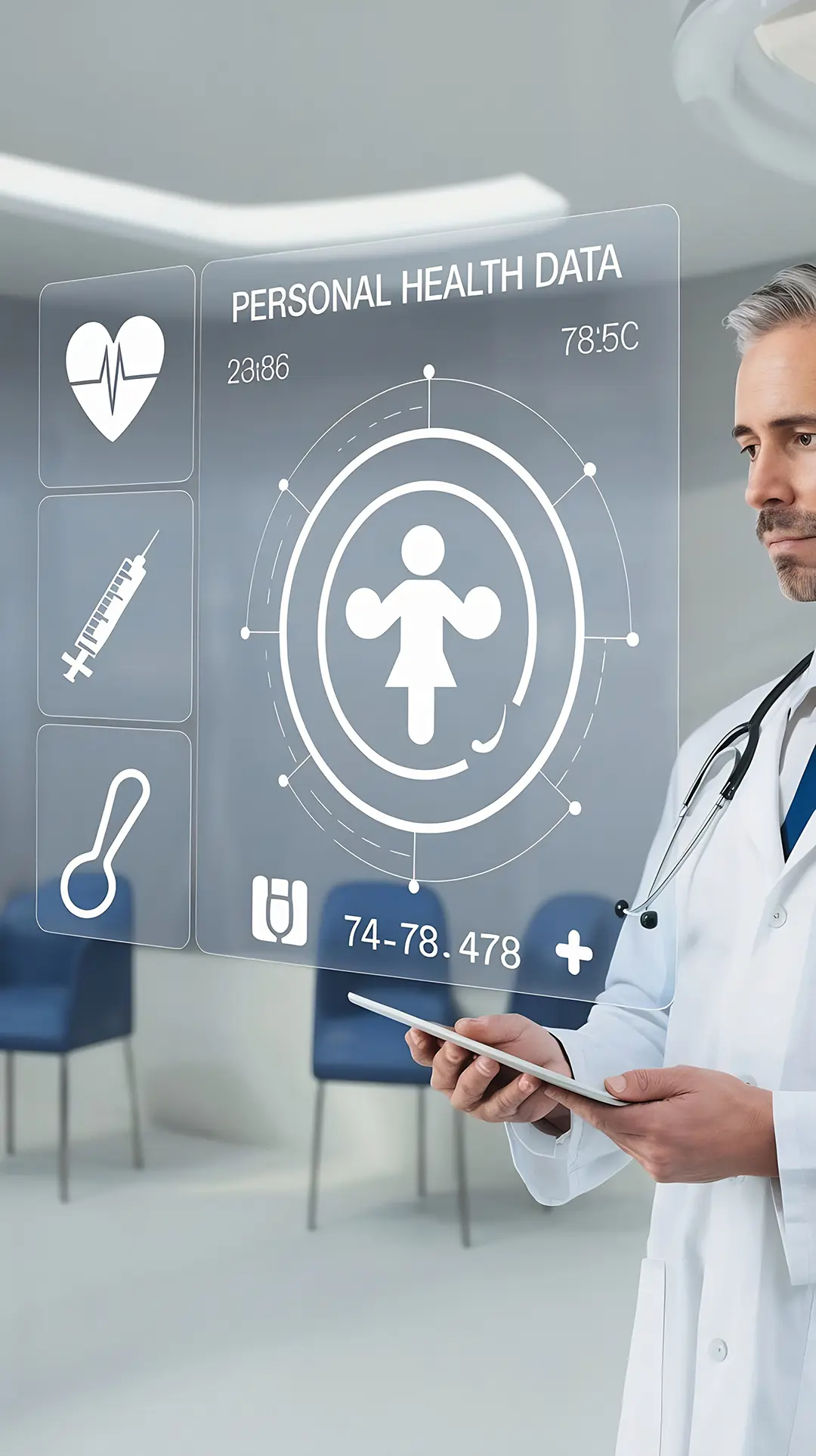 El Modelo CDR (Clinical Data Repository) o Repositorio Clínico de Datos 2 personal health data concept virtual screen icons medical doctor Digital Ware