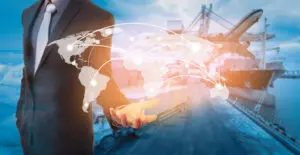 imagen compuesta digital de un hombre de negocios con un mapa del mundo en el muelle Digital Ware